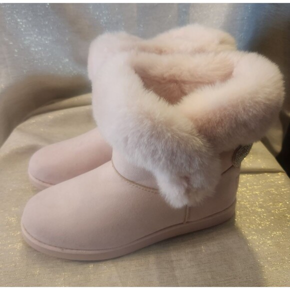 Juicy Couture Pink Krazey Kute Glitter Bow Faux Fur Lined Ankle Boots Size 10 - Picture 1 of 7
